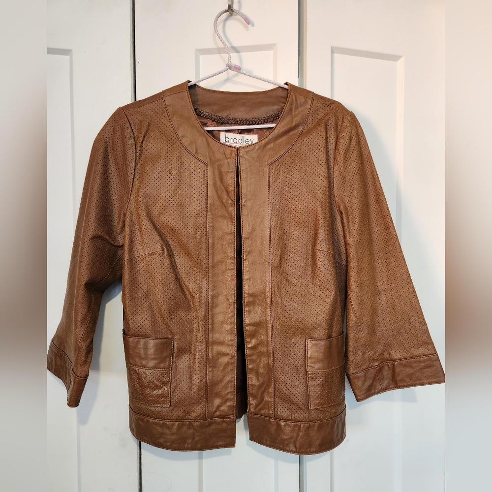 Caramel Brown Leather Bomber Jacket with Ribbed Cuffs